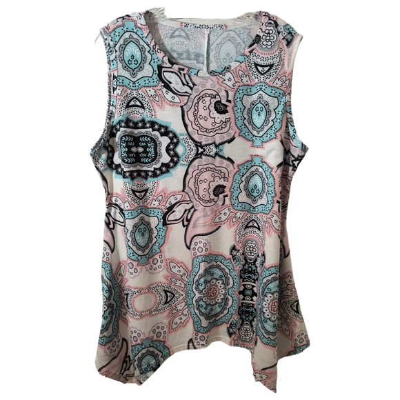 Woman's Sleeveless Tunic top Size XL Multicolor Shark Bite Hem Pullover Tee - Picture 1 of 10